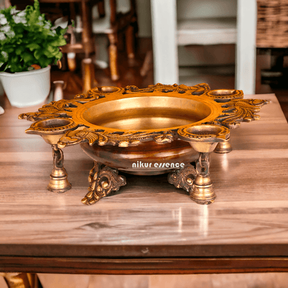 Brass Urli with Intricately Designed 4 Diya Holders for Festive Decor and Spiritual Ambiance Nikuressence