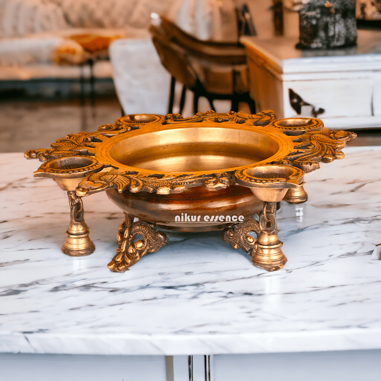 Brass Urli with Intricately Designed 4 Diya Holders for Festive Decor and Spiritual Ambiance Nikuressence