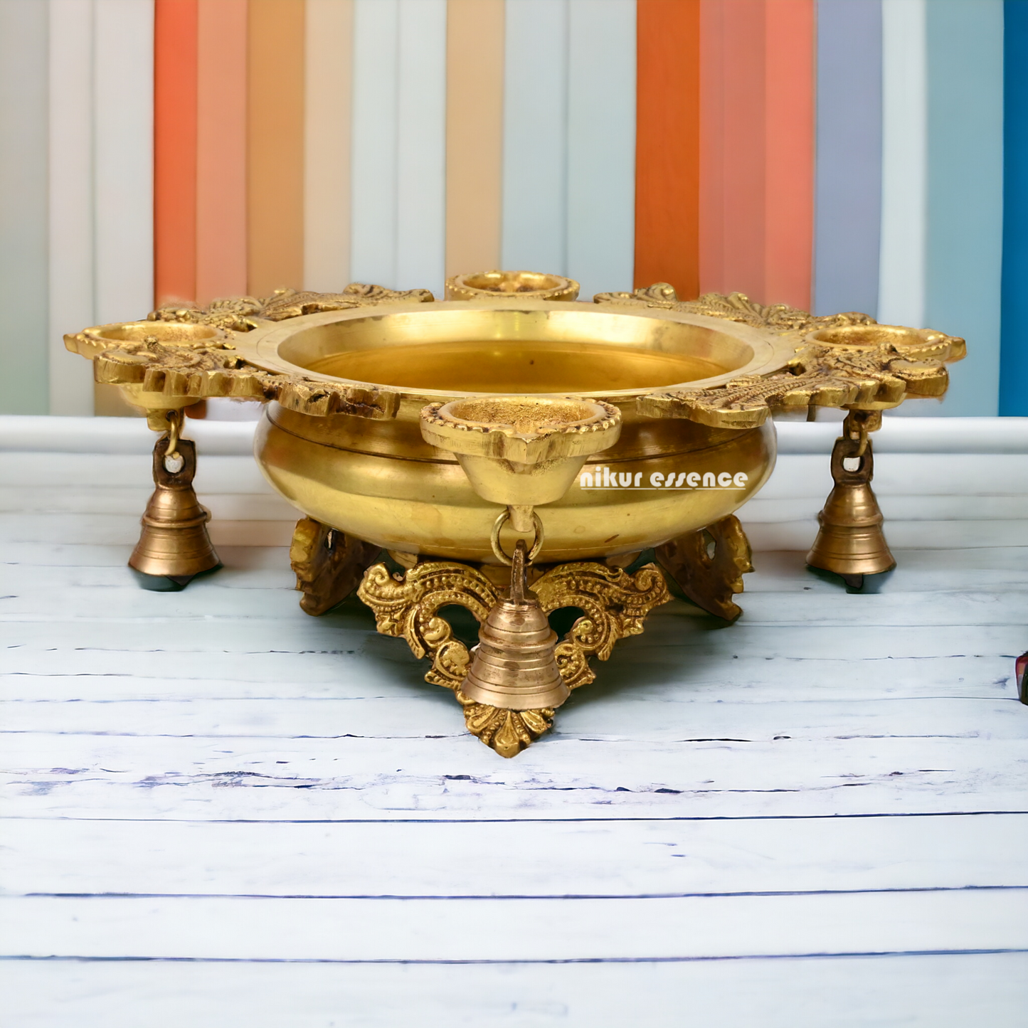 Solid Brass Urli with Bells goongru by Nikur Essence - 13 inches Nikuressence