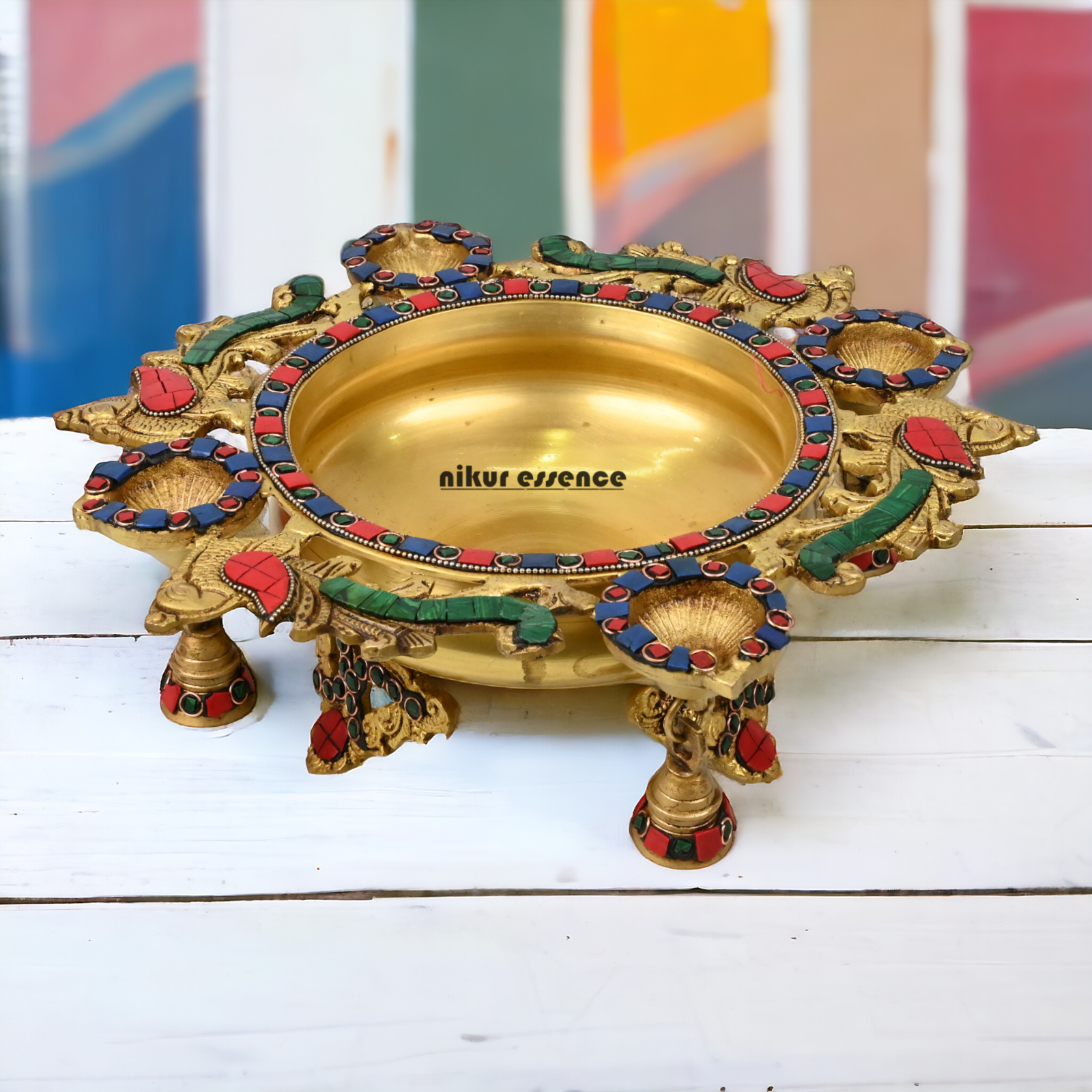 Online Brass Urli with Bells stone work by Nikur Essence - 13 inches Nikuressence