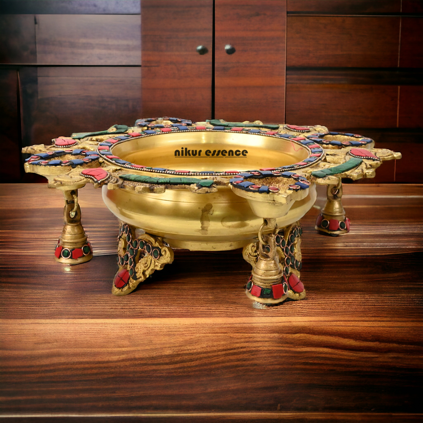 Online Brass Urli with Bells stone work by Nikur Essence - 13 inches Nikuressence