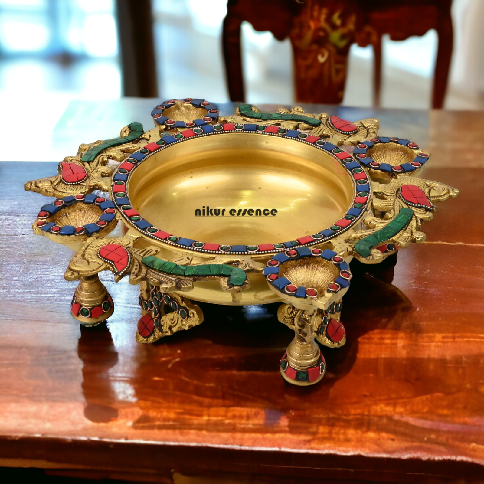 Online Brass Urli with Bells stone work by Nikur Essence - 13 inches Nikuressence