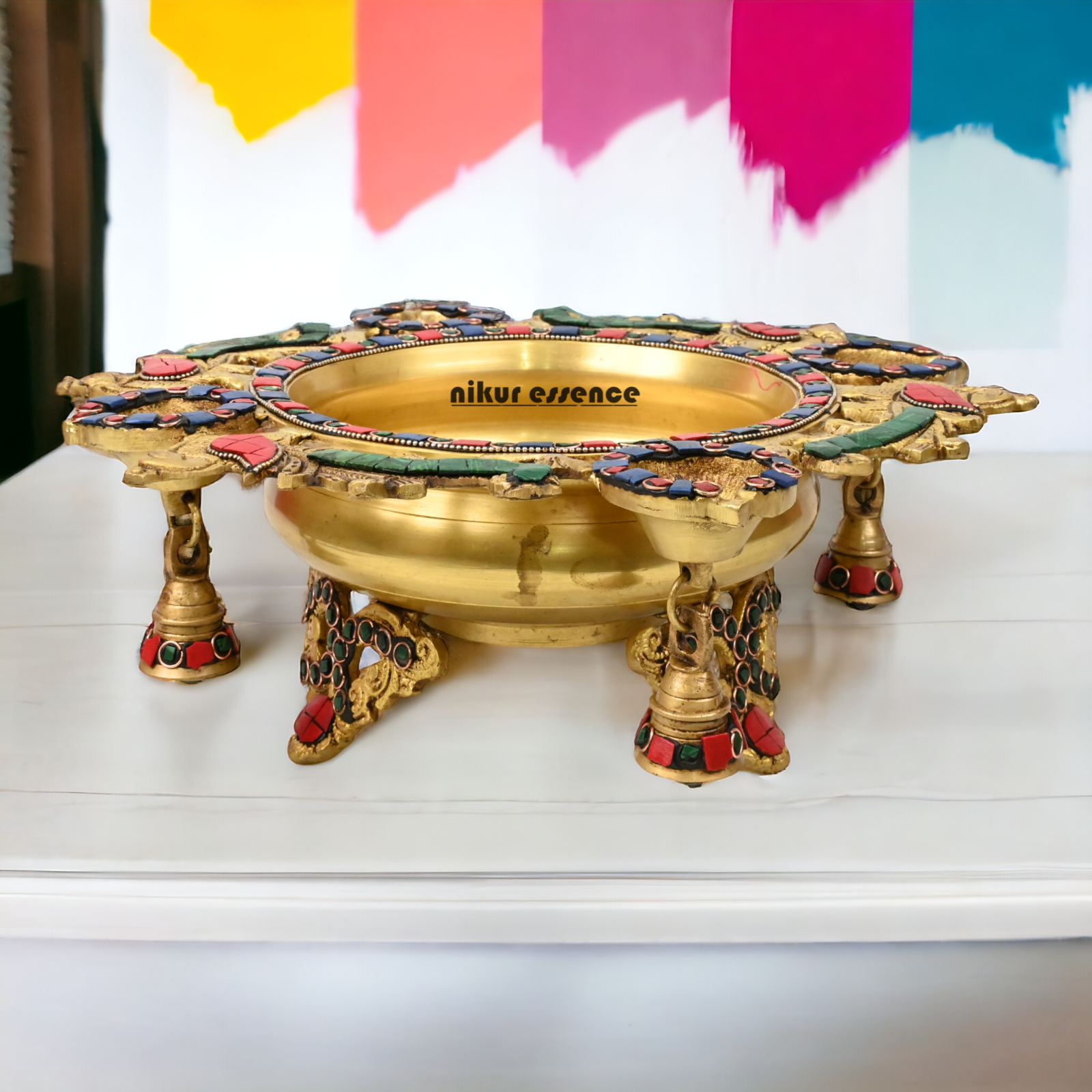 Online Brass Urli with Bells stone work by Nikur Essence - 13 inches Nikuressence