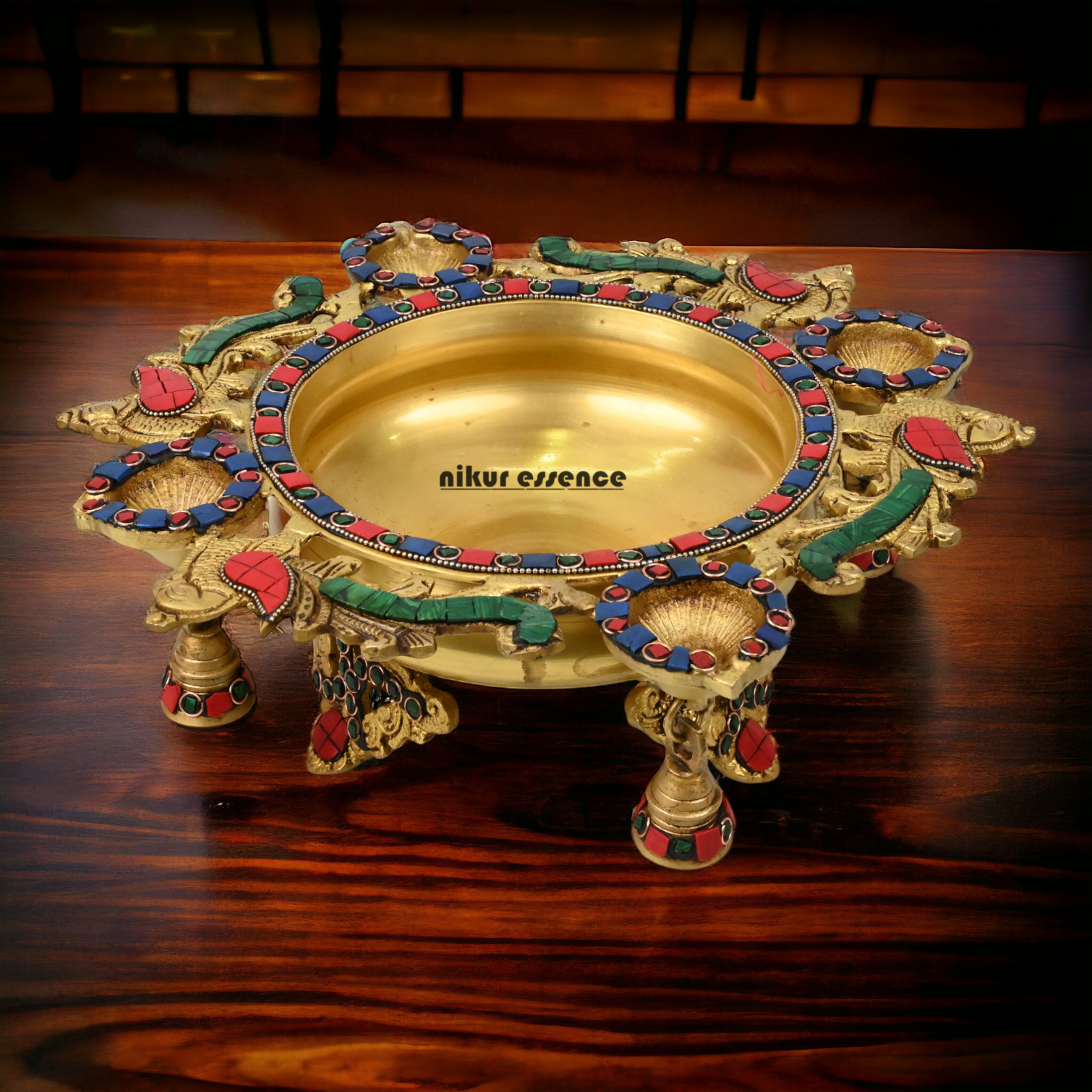 Online Brass Urli with Bells stone work by Nikur Essence - 13 inches Nikuressence