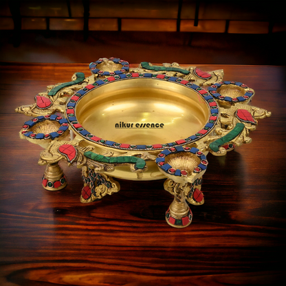 Online Brass Urli with Bells stone work by Nikur Essence - 13 inches Nikuressence