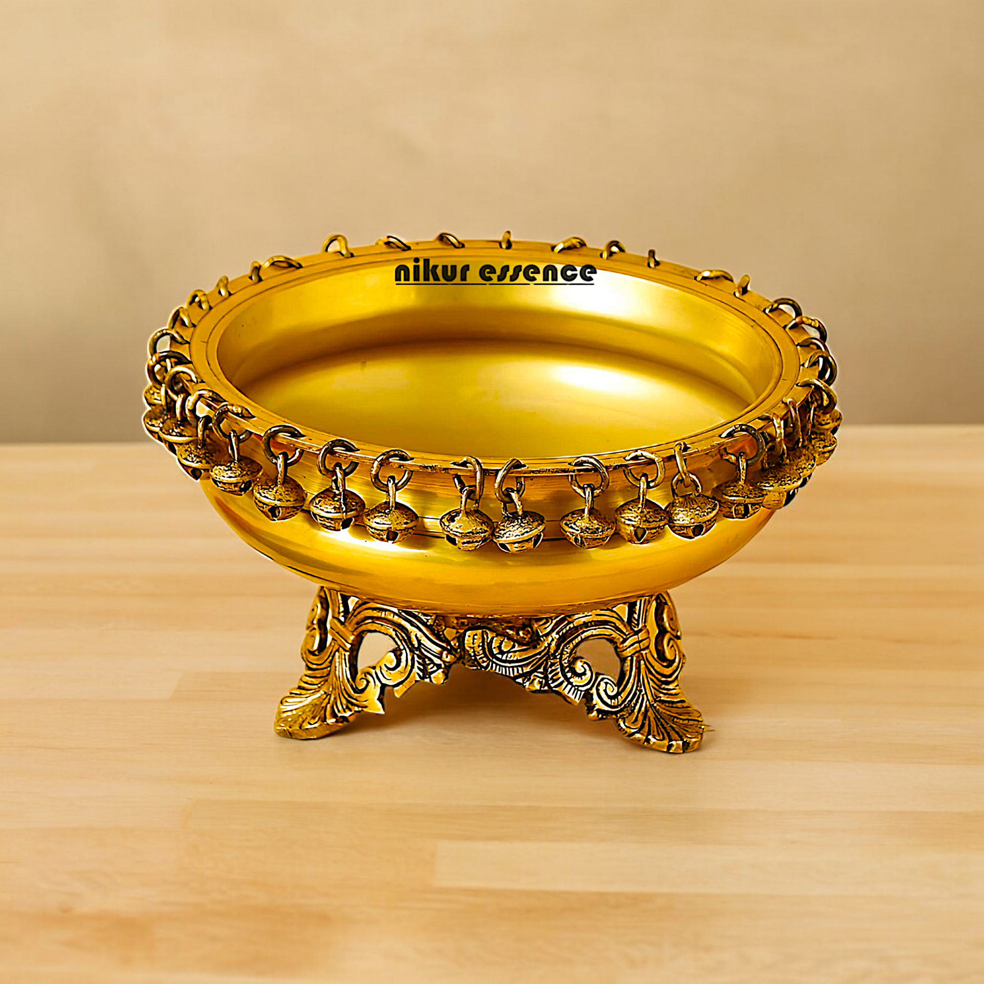 Buy Brass Round Urli with Hanging Bells Nikuressence