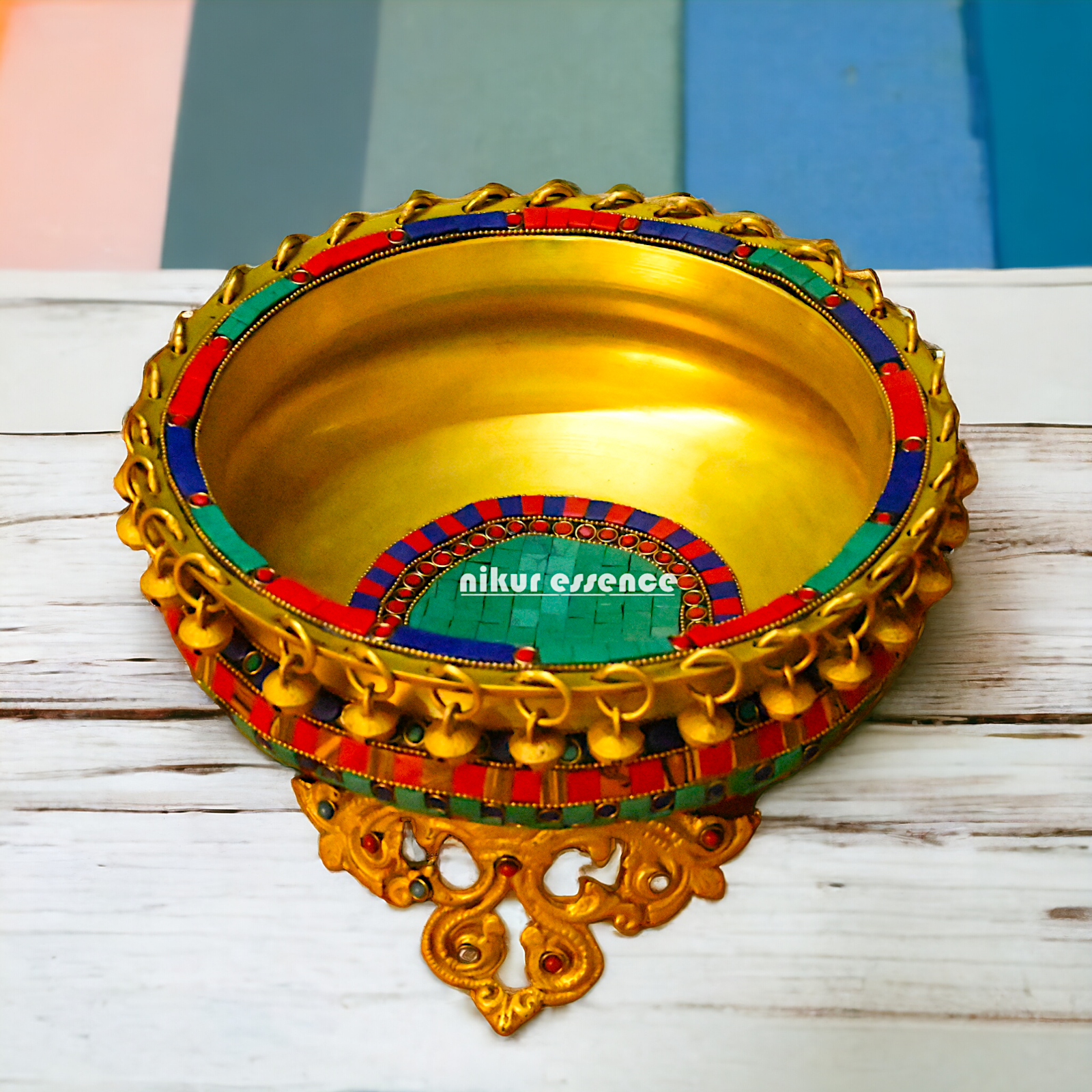 Brass Large Urli with stone work by Nikur Essence - 8 inches Nikuressence