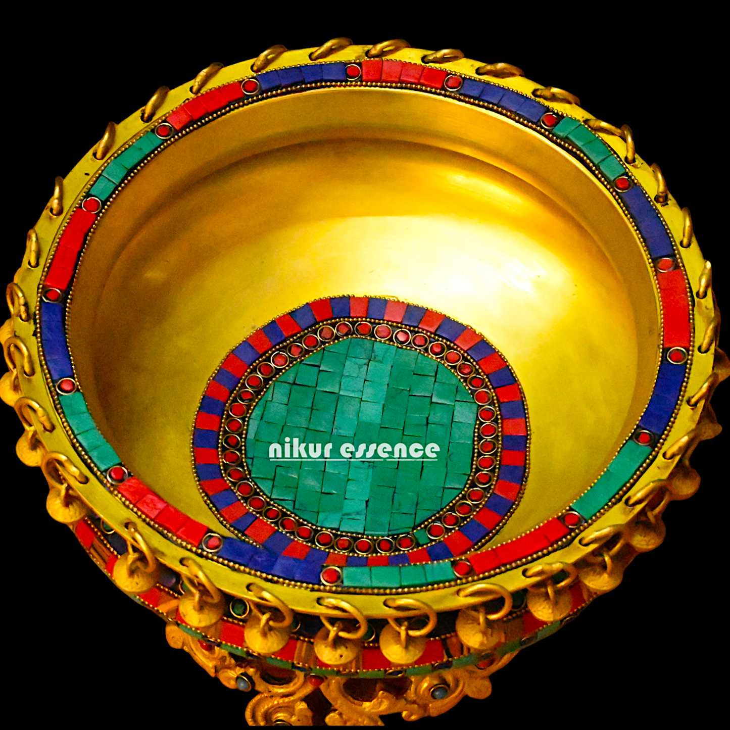 Brass Large Urli with stone work by Nikur Essence - 8 inches Nikuressence