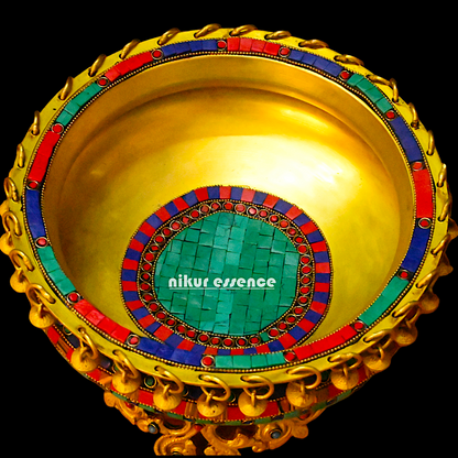 Brass Large Urli with stone work by Nikur Essence - 8 inches Nikuressence