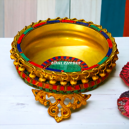 Brass Large Urli with stone work by Nikur Essence - 8 inches Nikuressence
