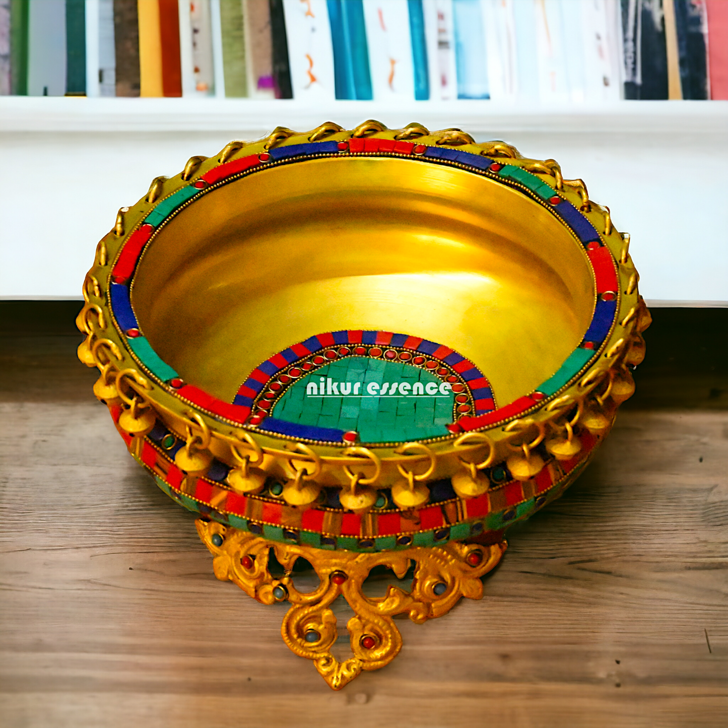Brass Large Urli with stone work by Nikur Essence - 8 inches Nikuressence