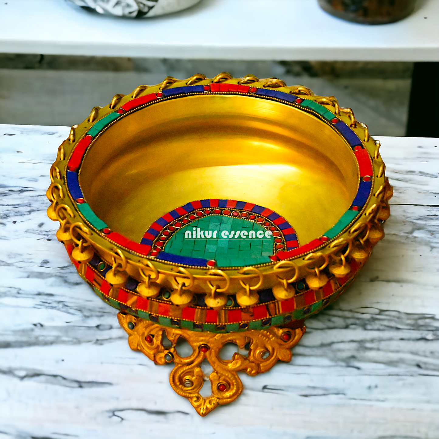 Brass Large Urli with stone work by Nikur Essence - 8 inches Nikuressence