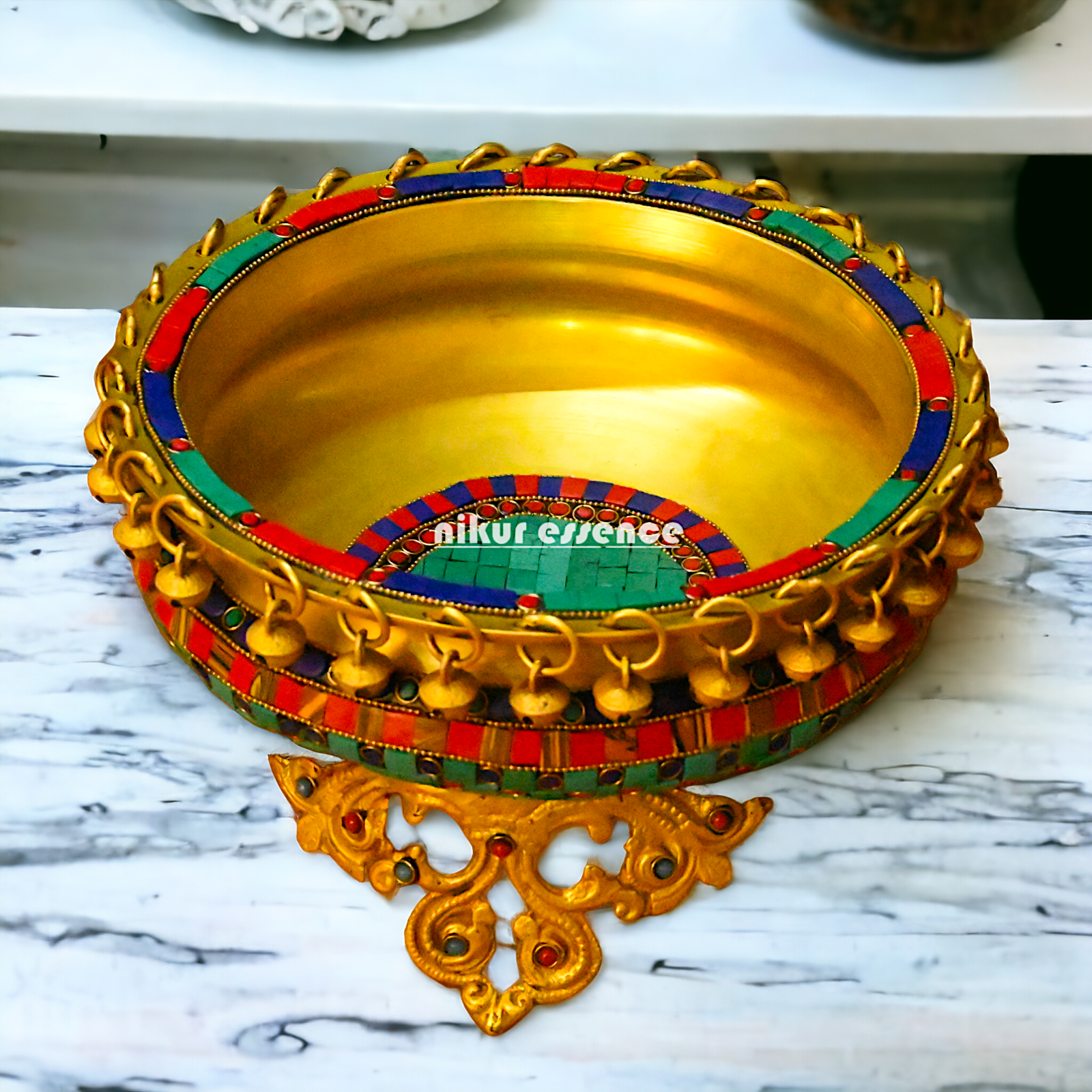 Brass Large Urli with stone work by Nikur Essence - 8 inches Nikuressence