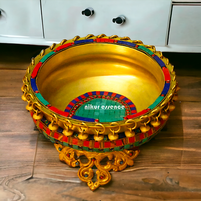 Brass Large Urli with stone work by Nikur Essence - 8 inches Nikuressence
