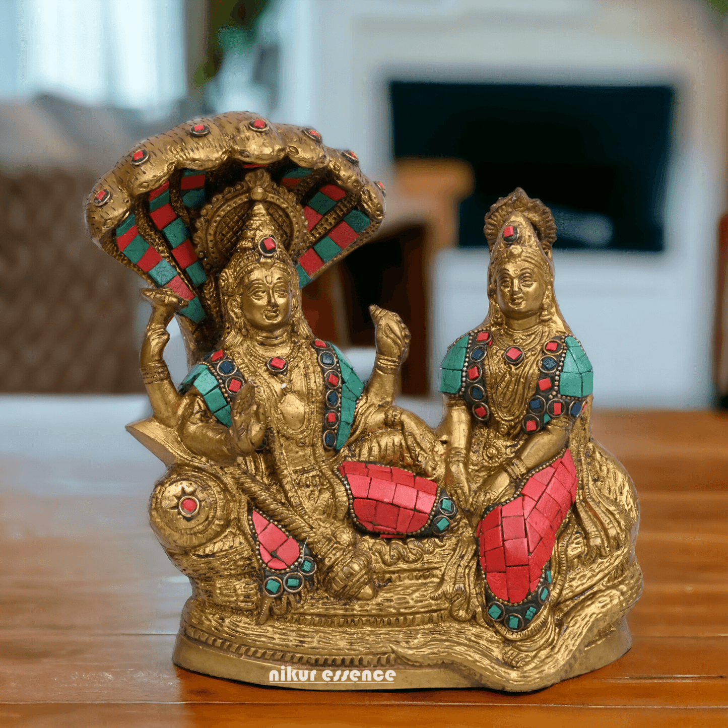 Vishnu Lakshmi Brass with stone work by Nikur Essence - 8 Inch Nikuressence