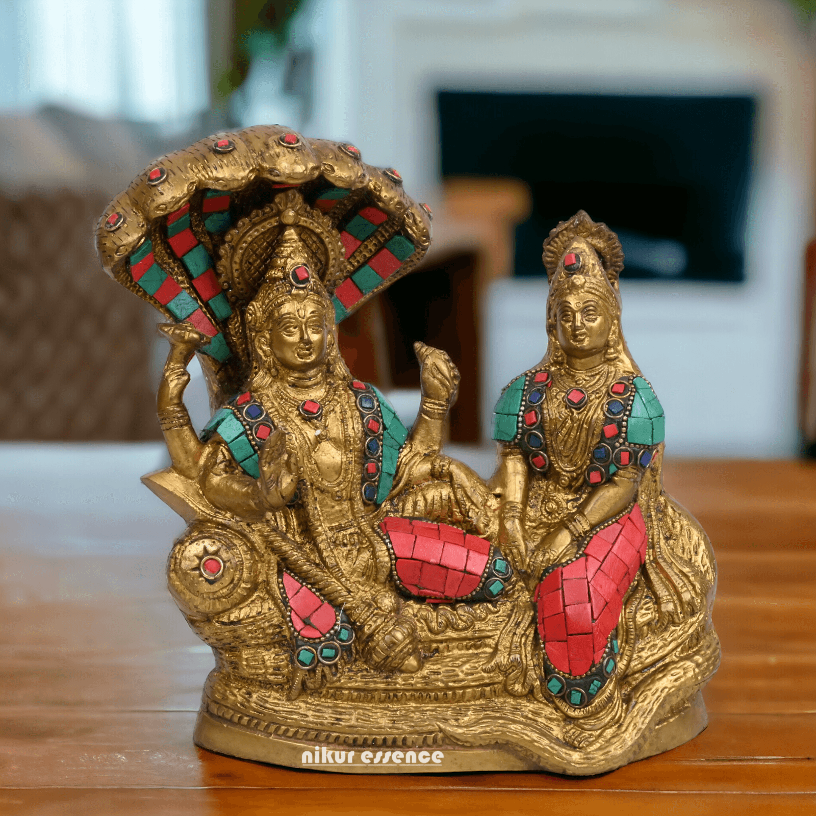Vishnu Lakshmi Brass with stone work by Nikur Essence - 8 Inch Nikuressence