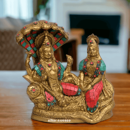 Vishnu Lakshmi Brass with stone work by Nikur Essence - 8 Inch Nikuressence