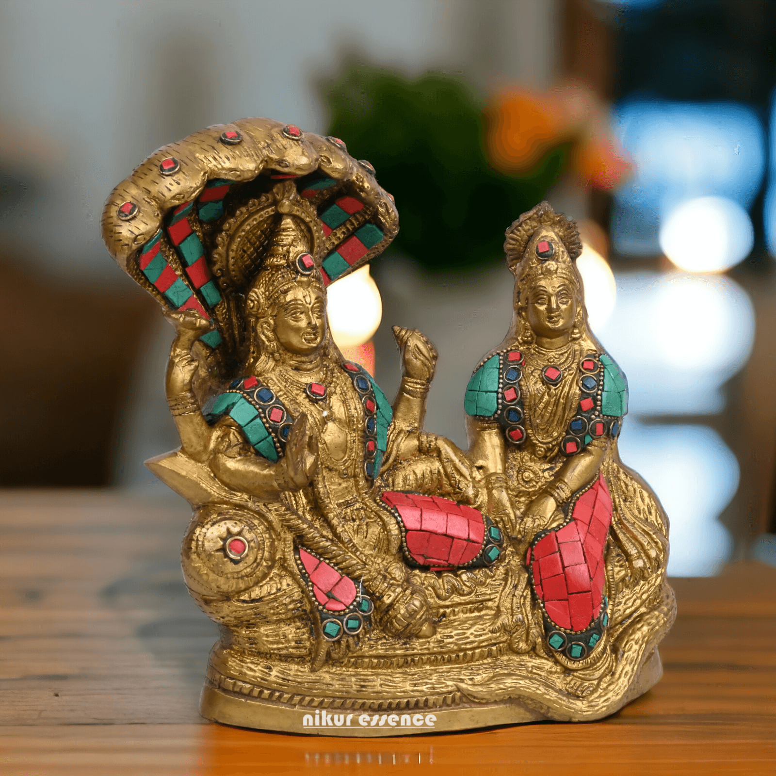 Vishnu Lakshmi Brass with stone work by Nikur Essence - 8 Inch Nikuressence