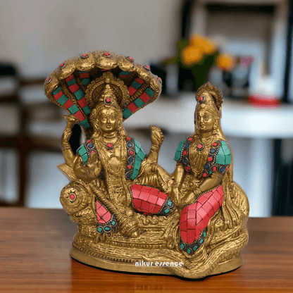 Vishnu Lakshmi Brass with stone work by Nikur Essence - 8 Inch Nikuressence