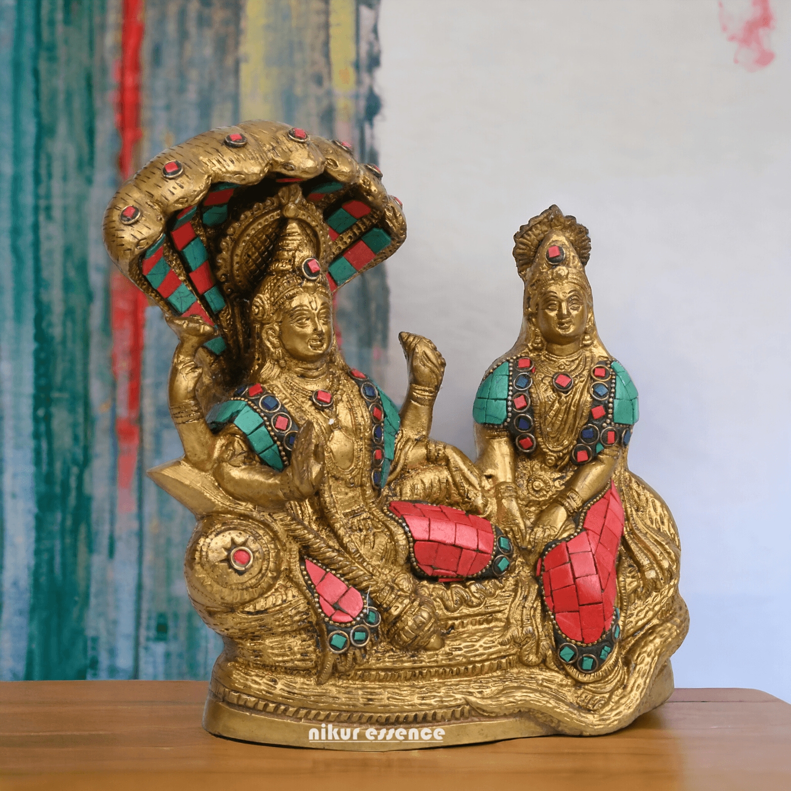 Vishnu Lakshmi Brass with stone work by Nikur Essence - 8 Inch Nikuressence