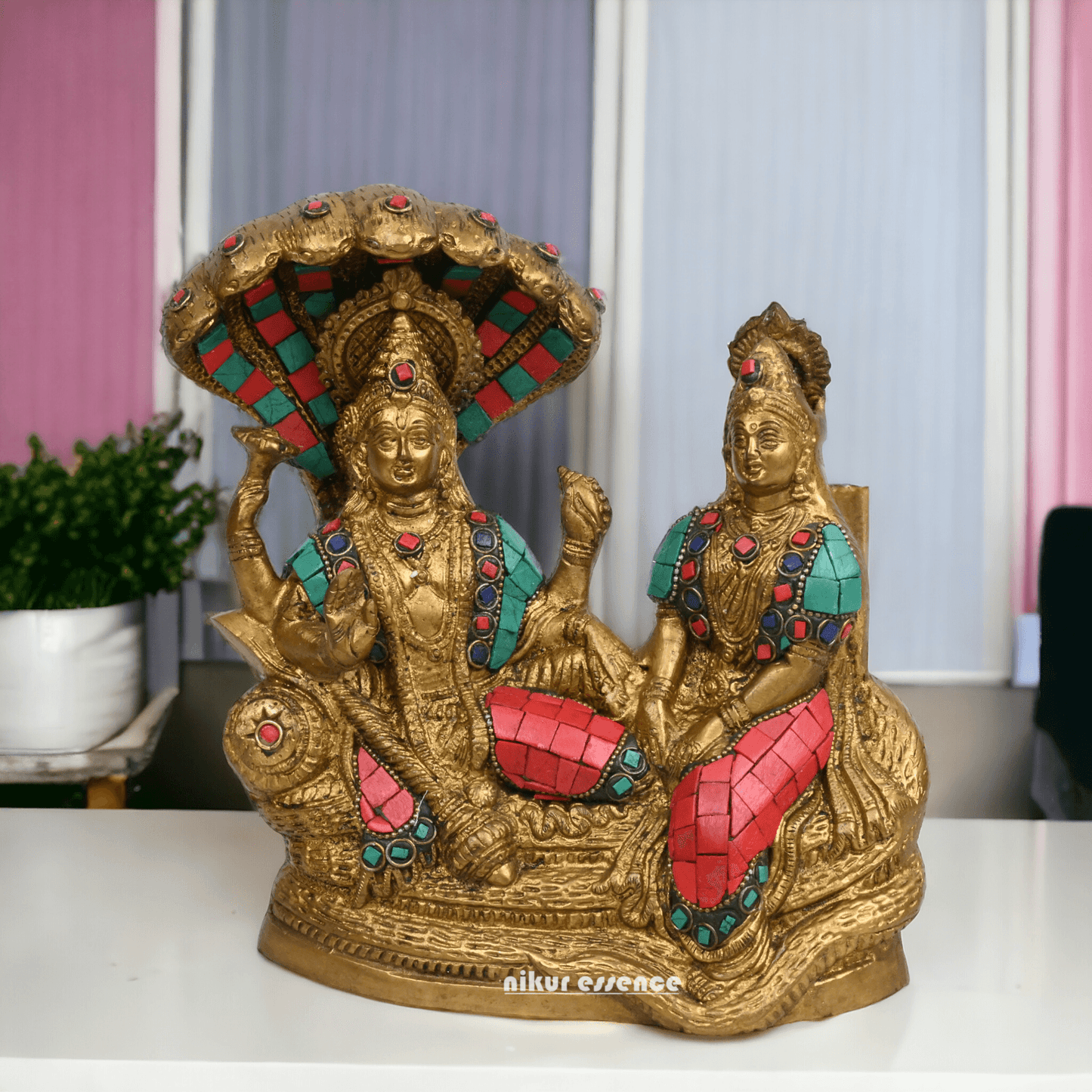 Vishnu Lakshmi Brass with stone work by Nikur Essence - 8 Inch Nikuressence