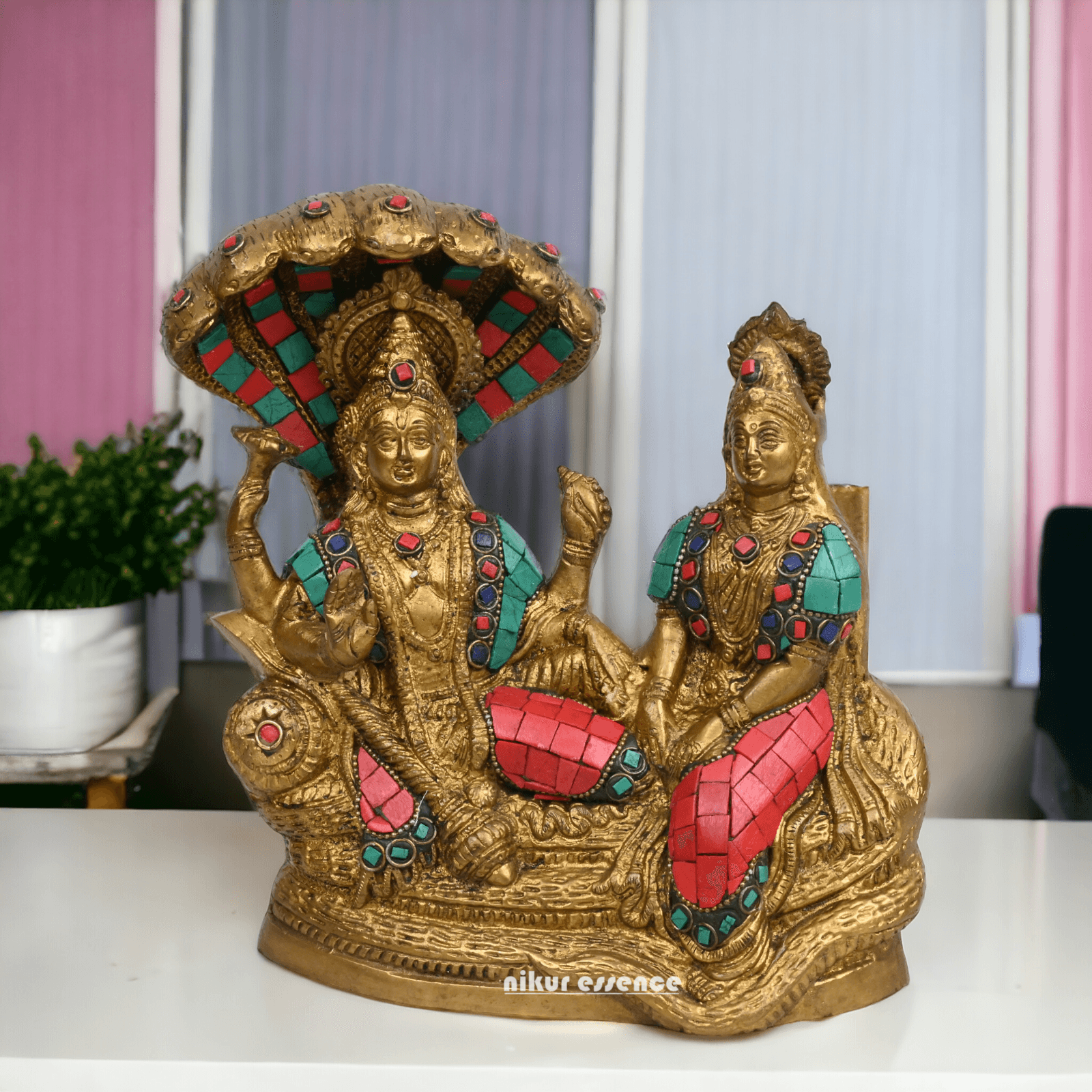 Vishnu Lakshmi Brass with stone work by Nikur Essence - 8 Inch Nikuressence