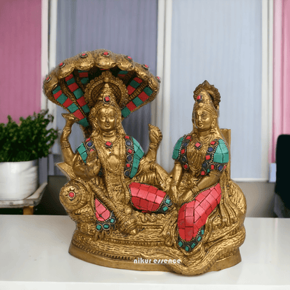 Vishnu Lakshmi Brass with stone work by Nikur Essence - 8 Inch Nikuressence
