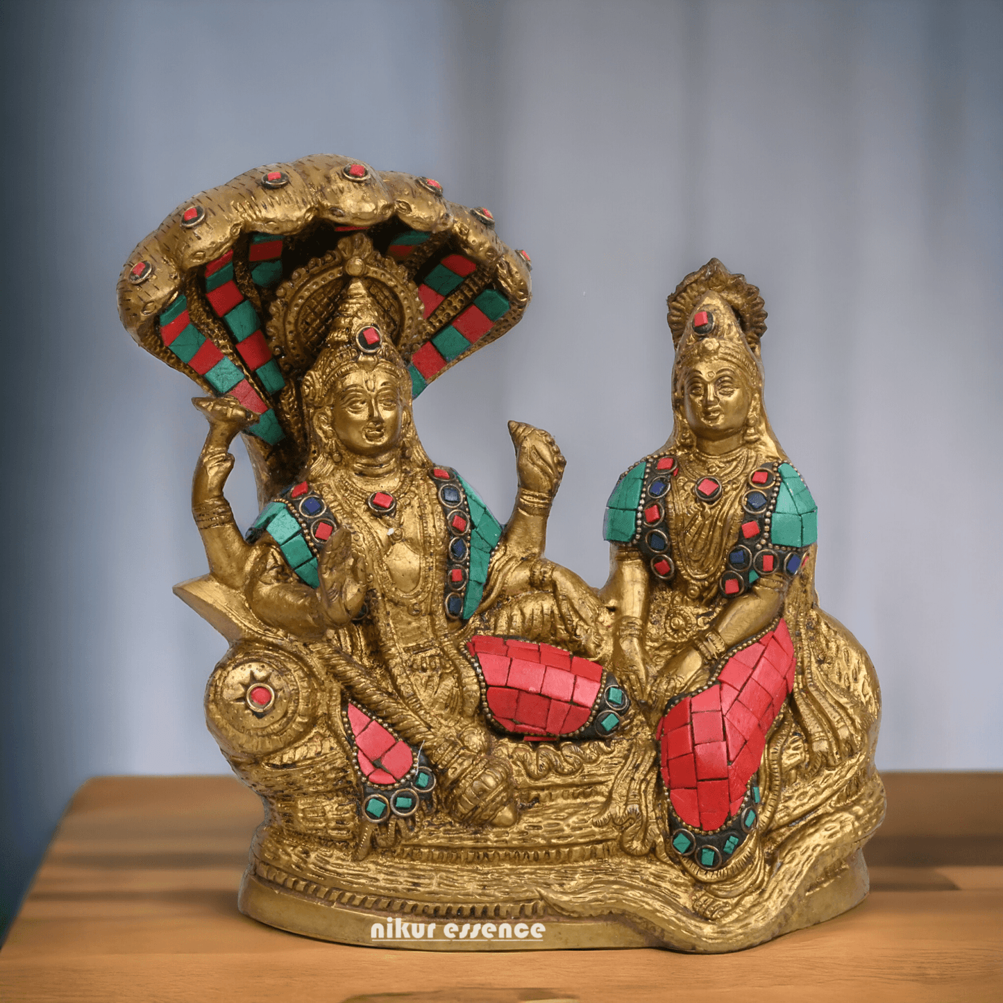 Vishnu Lakshmi Brass with stone work by Nikur Essence - 8 Inch Nikuressence