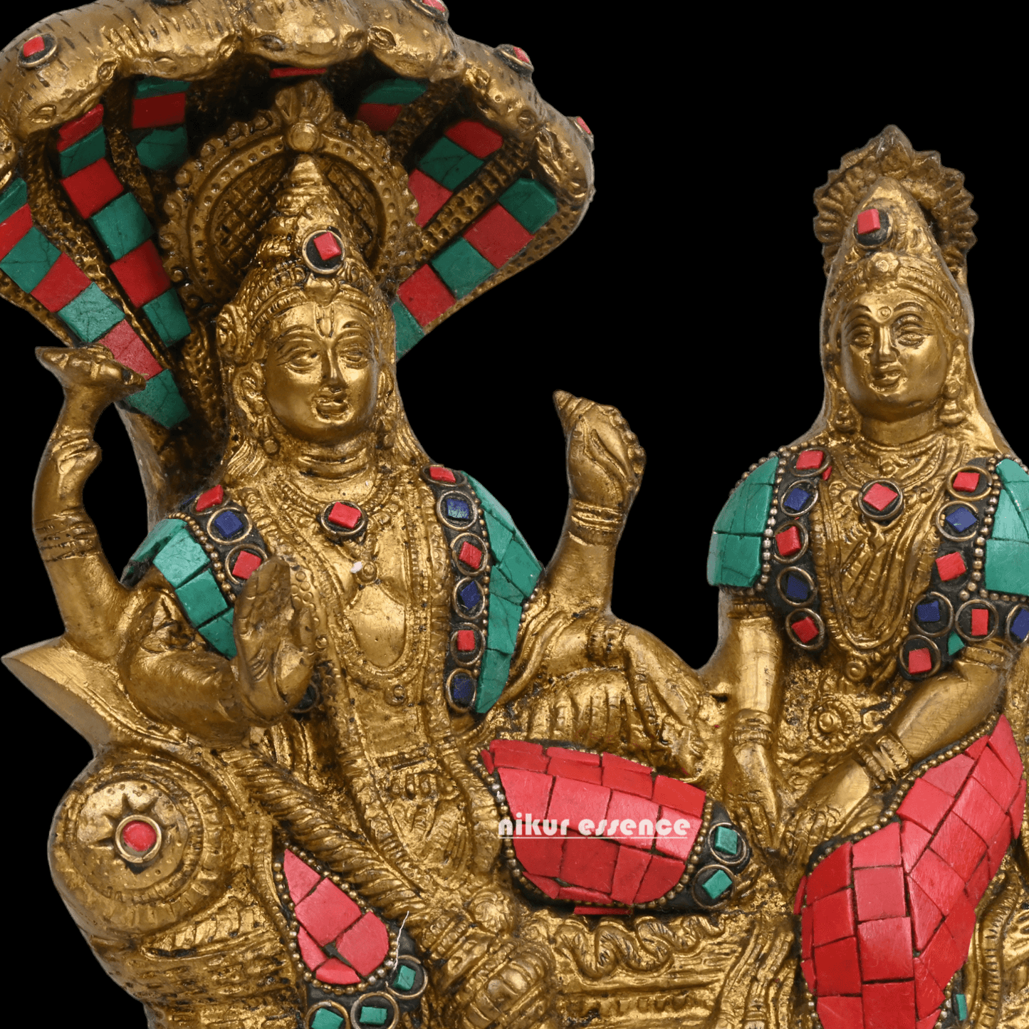 Vishnu Lakshmi Brass with stone work by Nikur Essence - 8 Inch Nikuressence