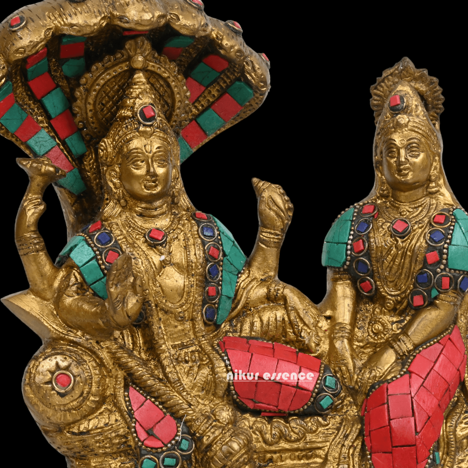 Vishnu Lakshmi Brass with stone work by Nikur Essence - 8 Inch Nikuressence