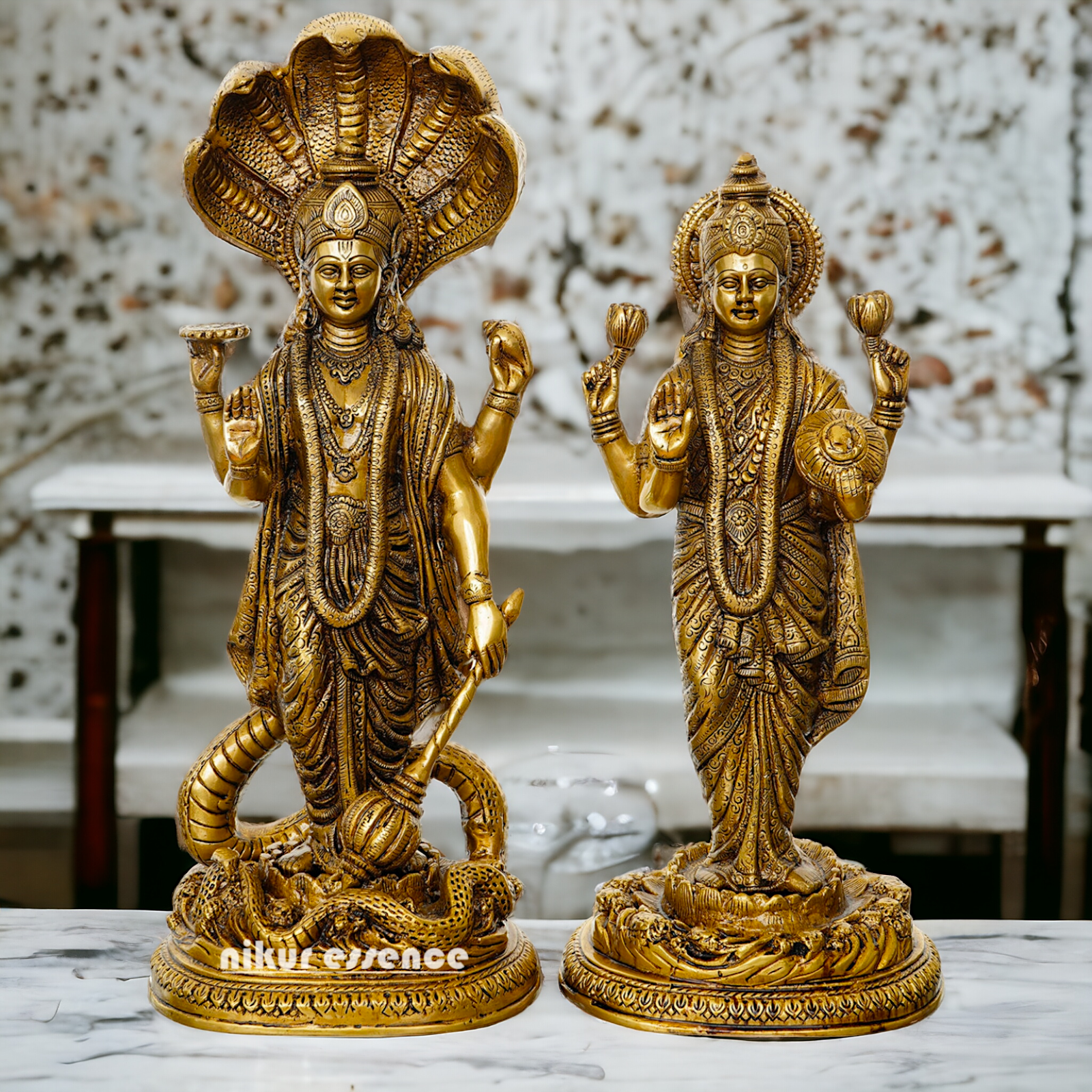 Brass Vishnu Laxmi Standing Deity Statue , 17 Inches Tall Nikuressence