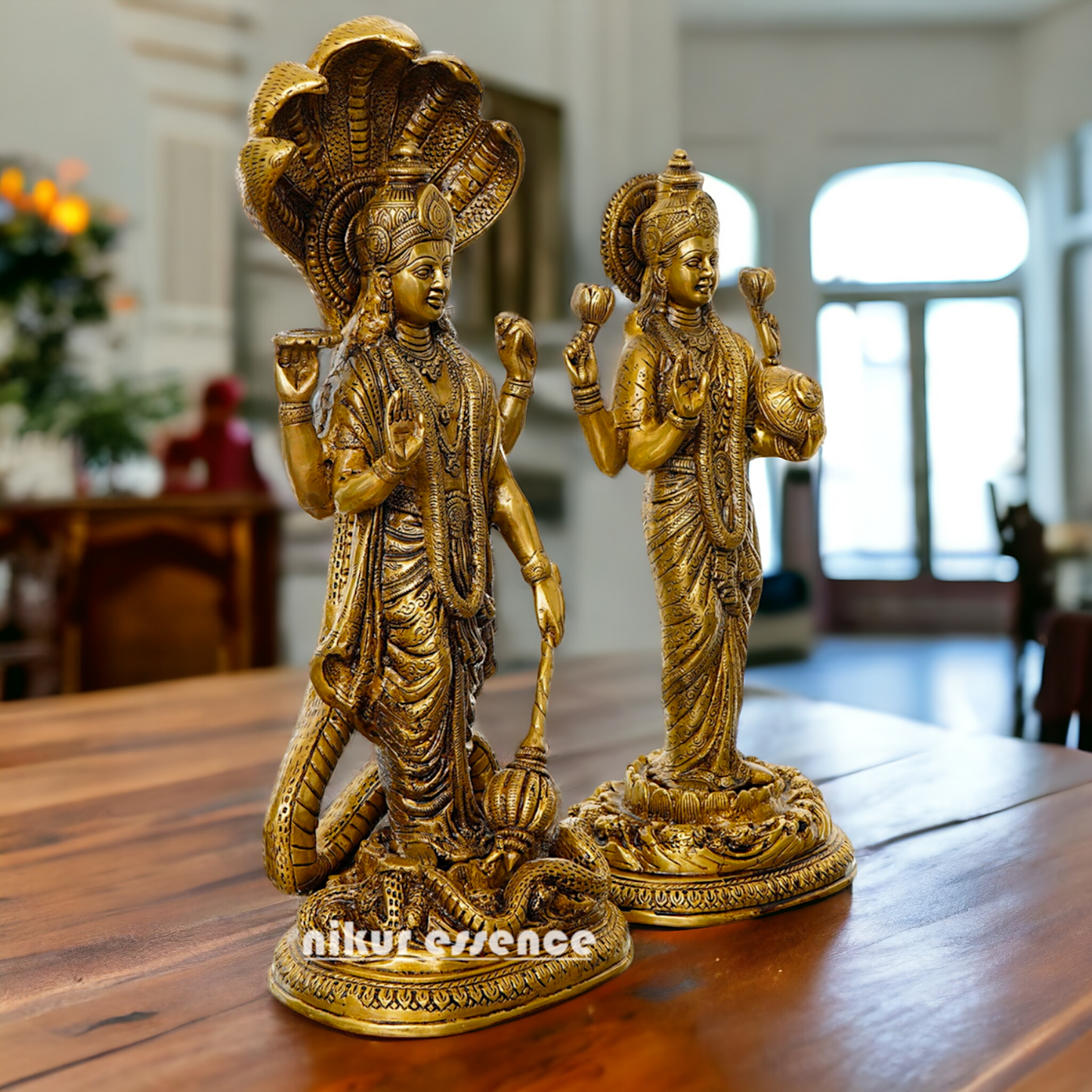 Brass Vishnu Laxmi Standing Deity Statue , 17 Inches Tall Nikuressence