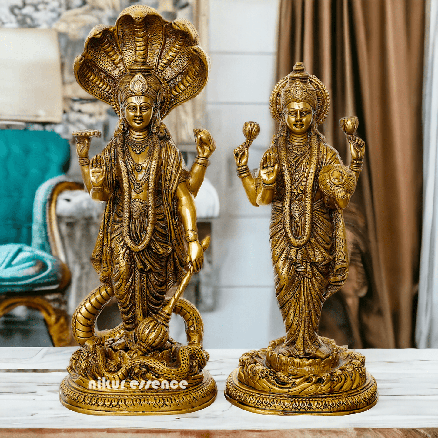 Brass Vishnu Laxmi Standing Deity Statue , 17 Inches Tall Nikuressence