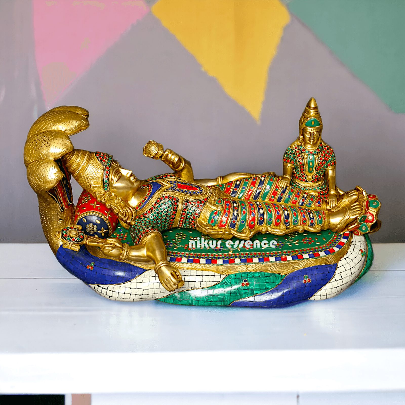 Buy Vishnu Statue Brass with Intricate Inlay Work - Majestic Hindu Deity Figurine for Home Decor and Spiritual Enrichment Nikuressence