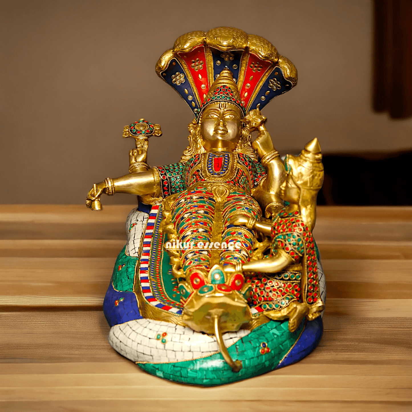 Buy Vishnu Statue Brass with Intricate Inlay Work - Majestic Hindu Deity Figurine for Home Decor and Spiritual Enrichment Nikuressence