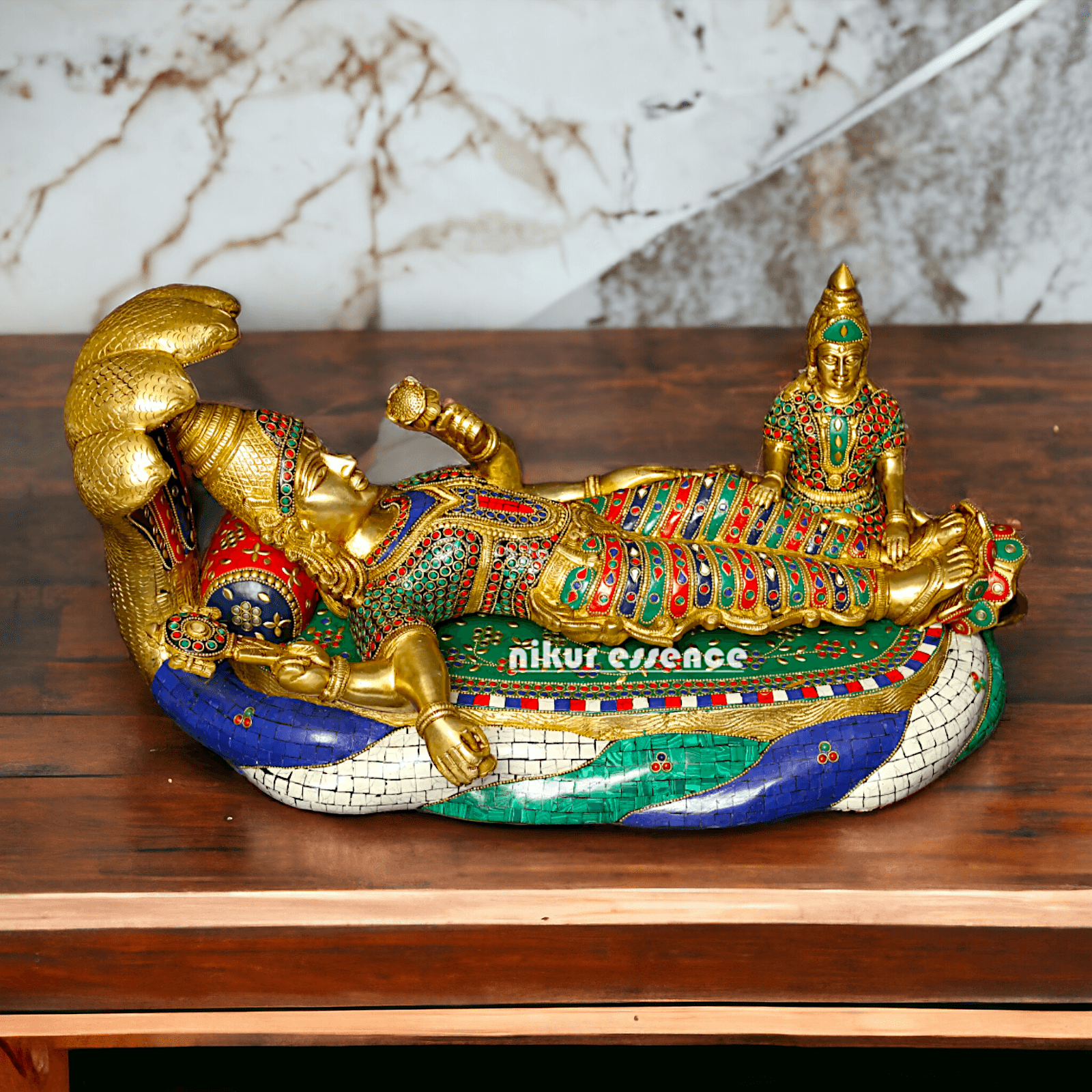 Buy Vishnu Statue Brass with Intricate Inlay Work - Majestic Hindu Deity Figurine for Home Decor and Spiritual Enrichment Nikuressence