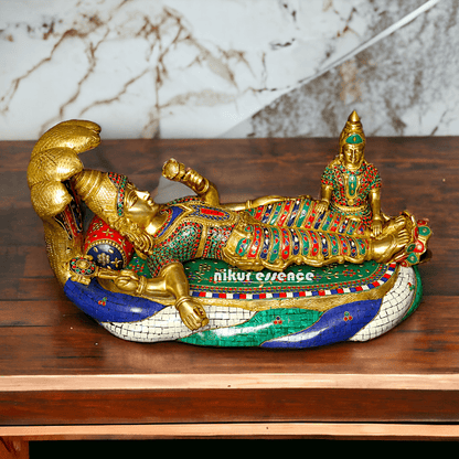 Buy Vishnu Statue Brass with Intricate Inlay Work - Majestic Hindu Deity Figurine for Home Decor and Spiritual Enrichment Nikuressence