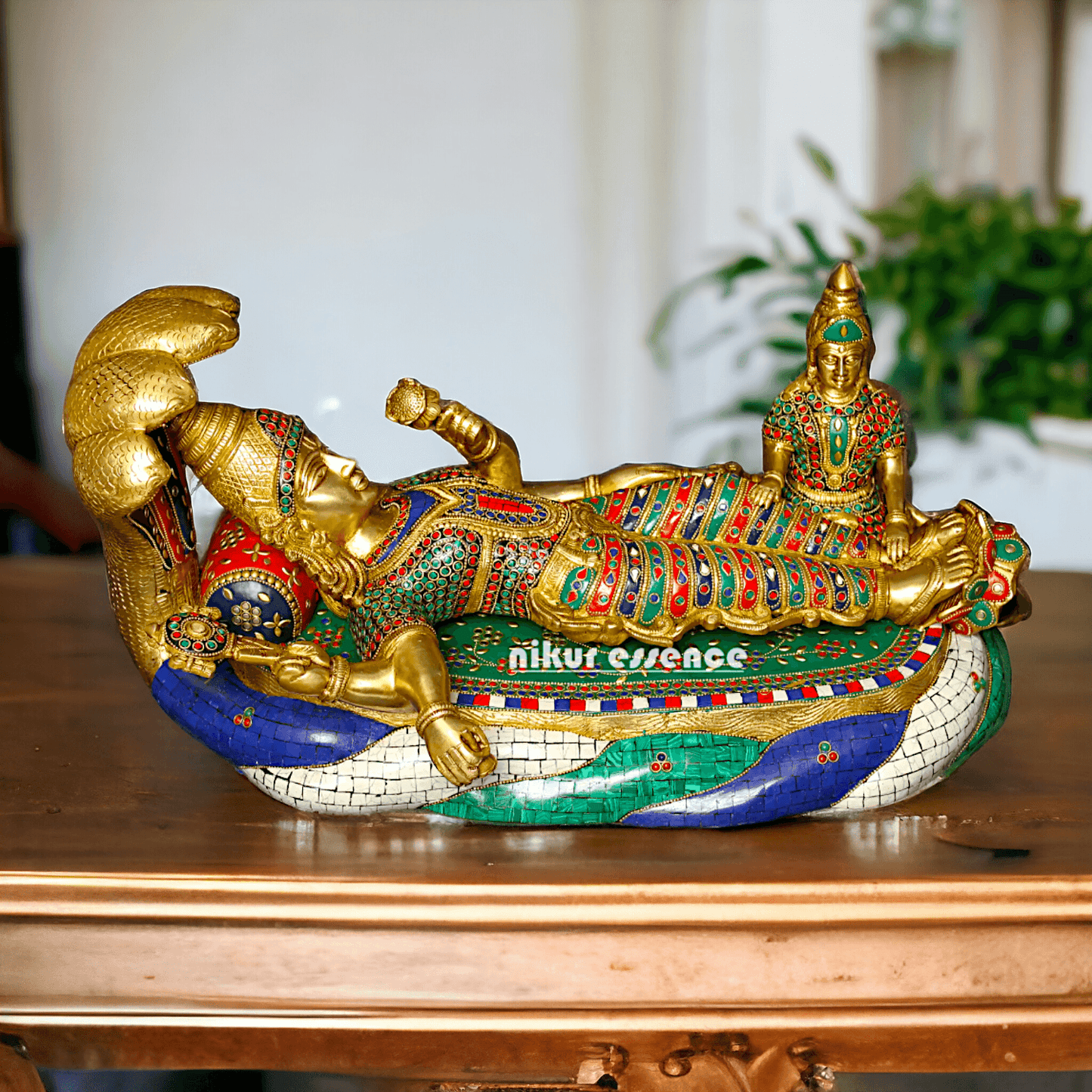 Buy Vishnu Statue Brass with Intricate Inlay Work - Majestic Hindu Deity Figurine for Home Decor and Spiritual Enrichment Nikuressence