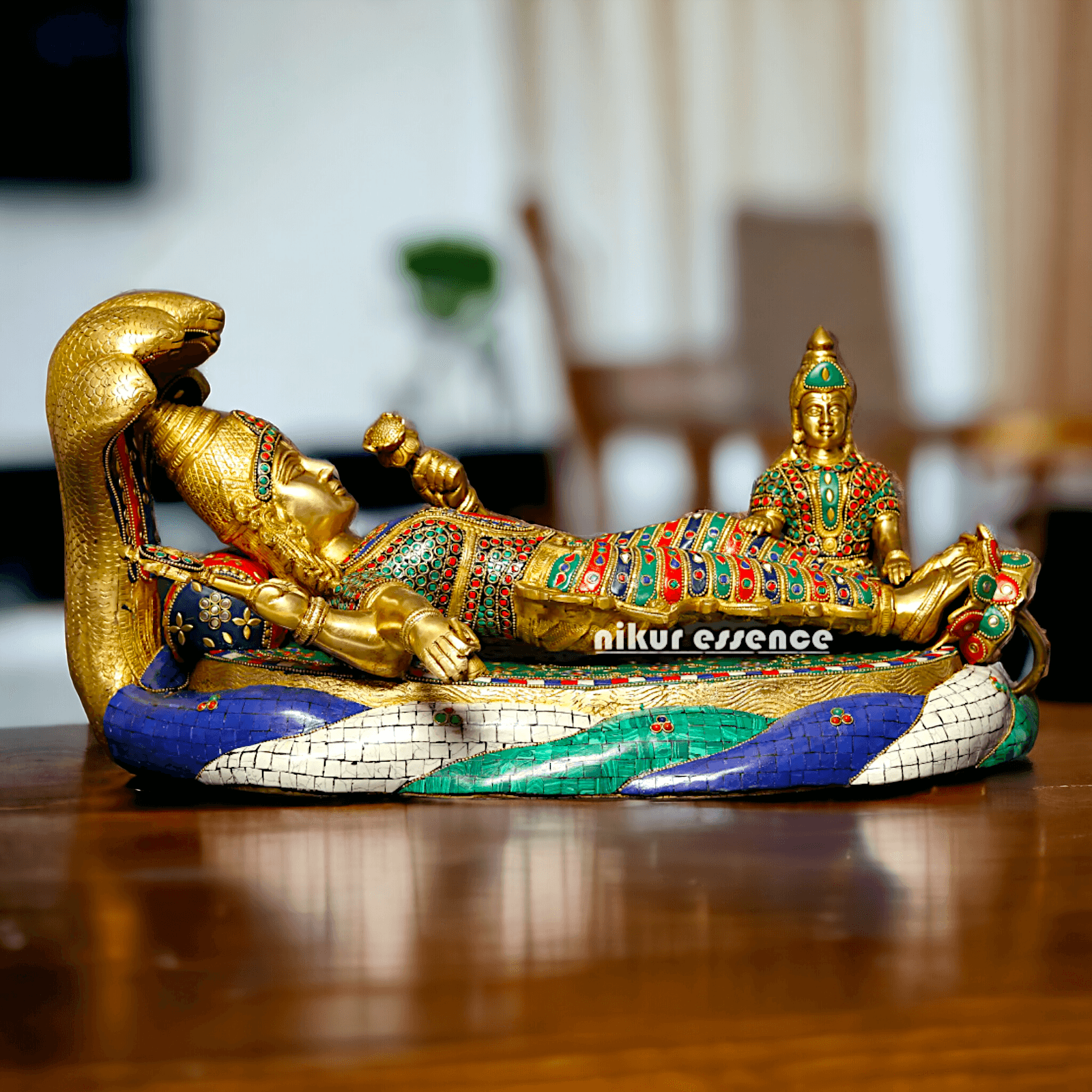 Buy Vishnu Statue Brass with Intricate Inlay Work - Majestic Hindu Deity Figurine for Home Decor and Spiritual Enrichment Nikuressence