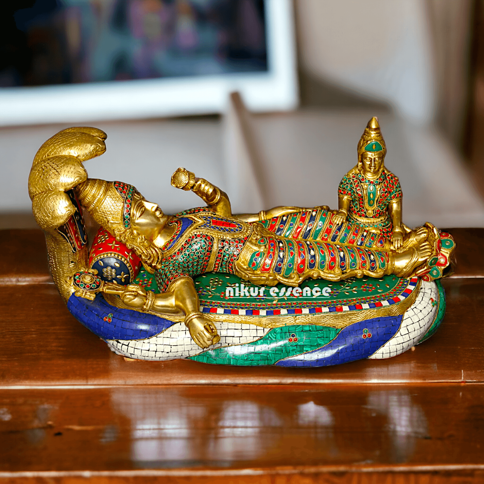 Buy Vishnu Statue Brass with Intricate Inlay Work - Majestic Hindu Deity Figurine for Home Decor and Spiritual Enrichment Nikuressence