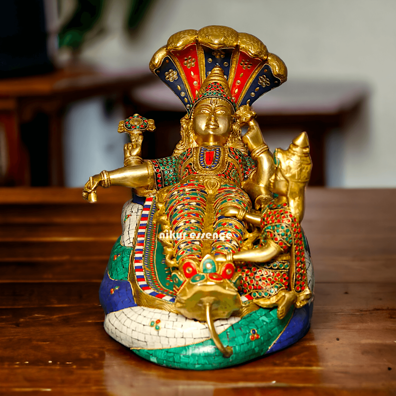 Buy Vishnu Statue Brass with Intricate Inlay Work - Majestic Hindu Deity Figurine for Home Decor and Spiritual Enrichment Nikuressence