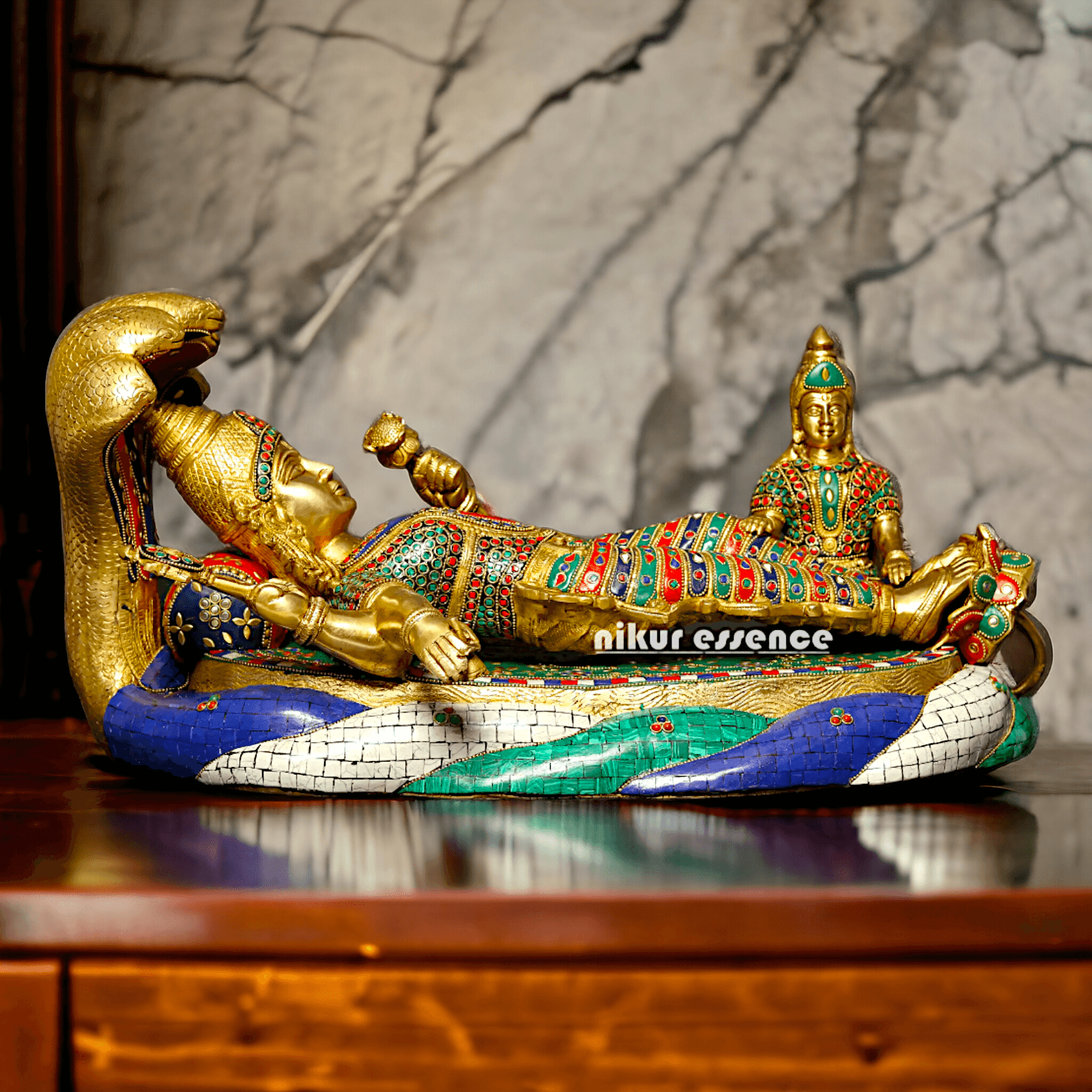 Buy Vishnu Statue Brass with Intricate Inlay Work - Majestic Hindu Deity Figurine for Home Decor and Spiritual Enrichment Nikuressence