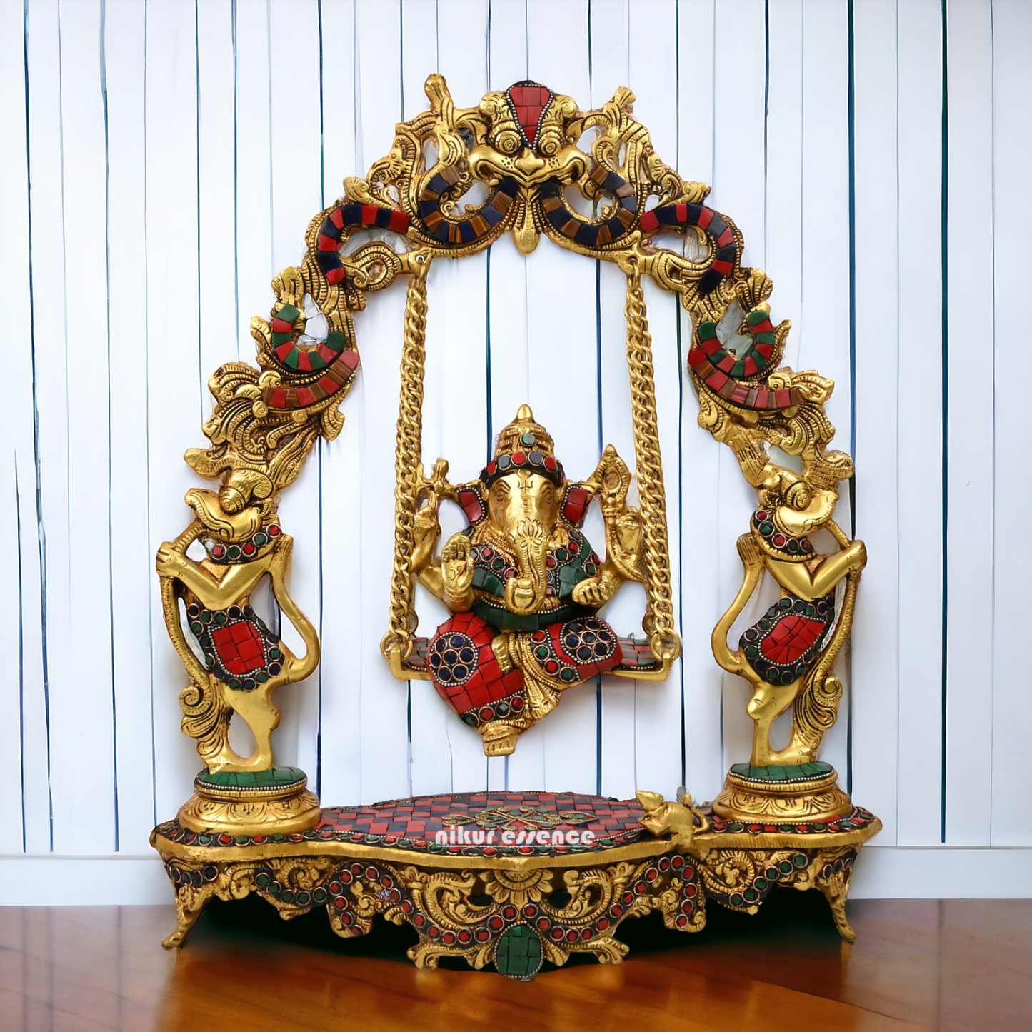 Online Brass ganesh jhula with stone work by Nikur Essence - 45 cm Nikuressence