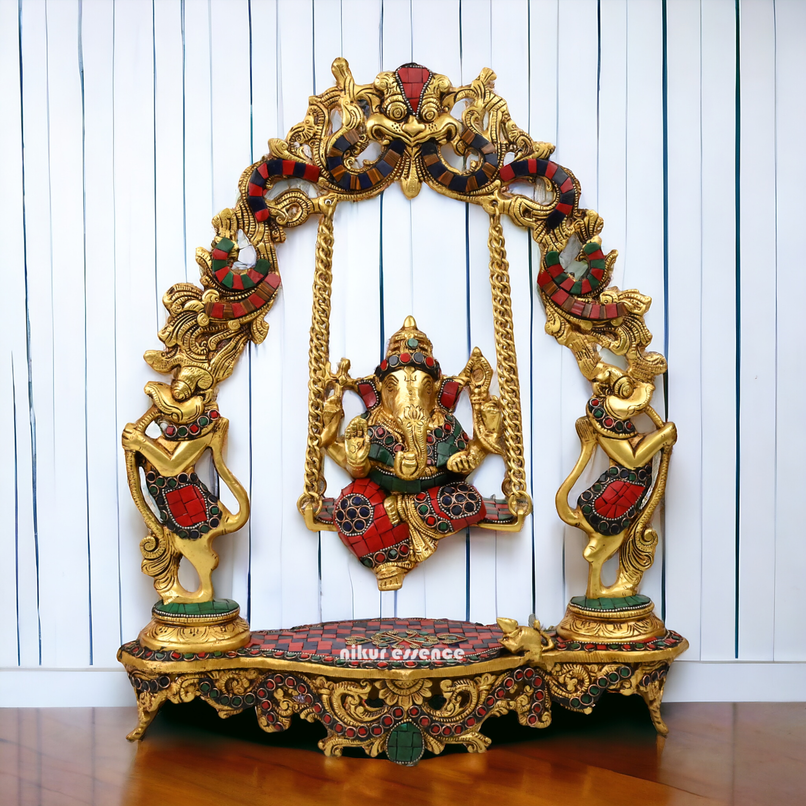 Online Brass ganesh jhula with stone work by Nikur Essence - 45 cm Nikuressence