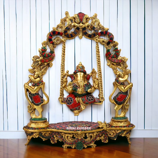 Online Brass ganesh jhula with stone work by Nikur Essence - 45 cm Nikuressence