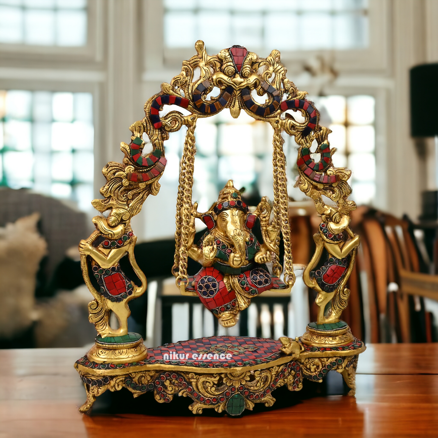 Online Brass ganesh jhula with stone work by Nikur Essence - 45 cm Nikuressence