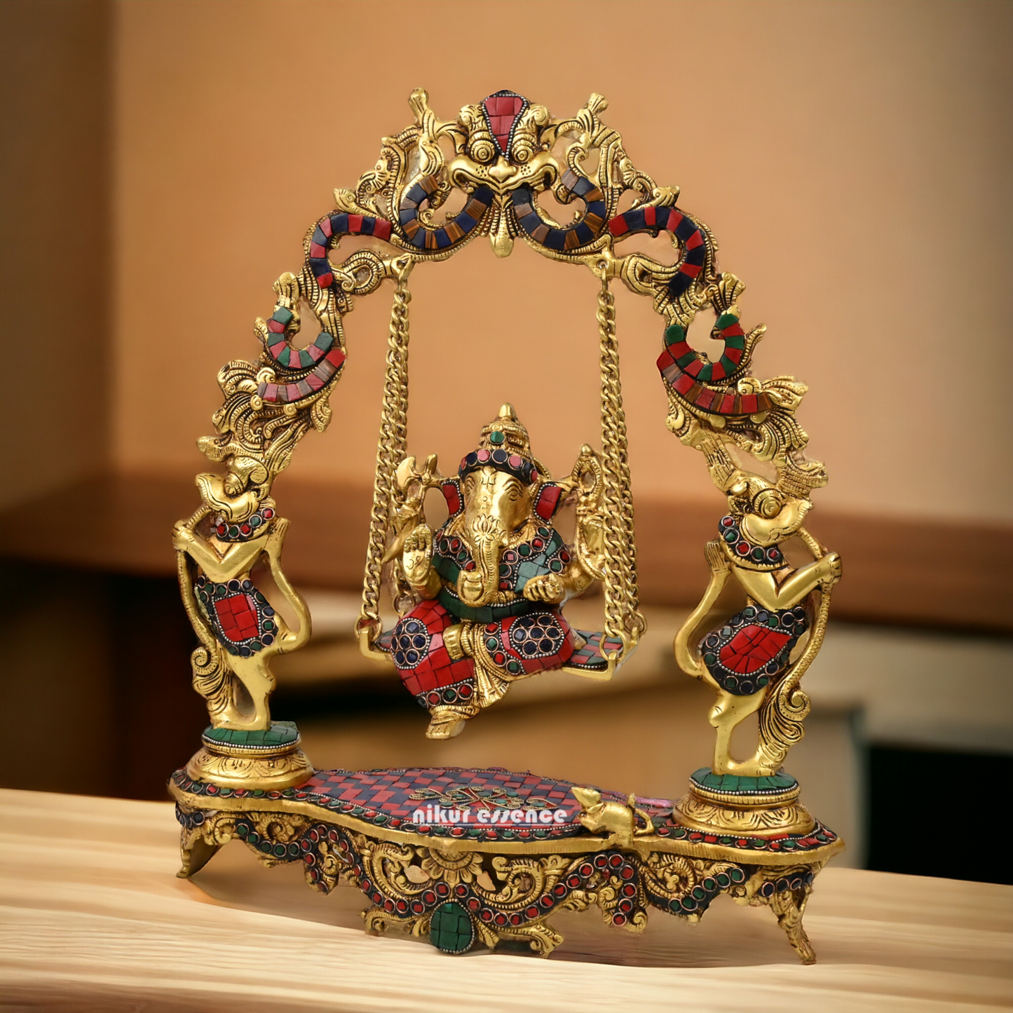 Online Brass ganesh jhula with stone work by Nikur Essence - 45 cm Nikuressence