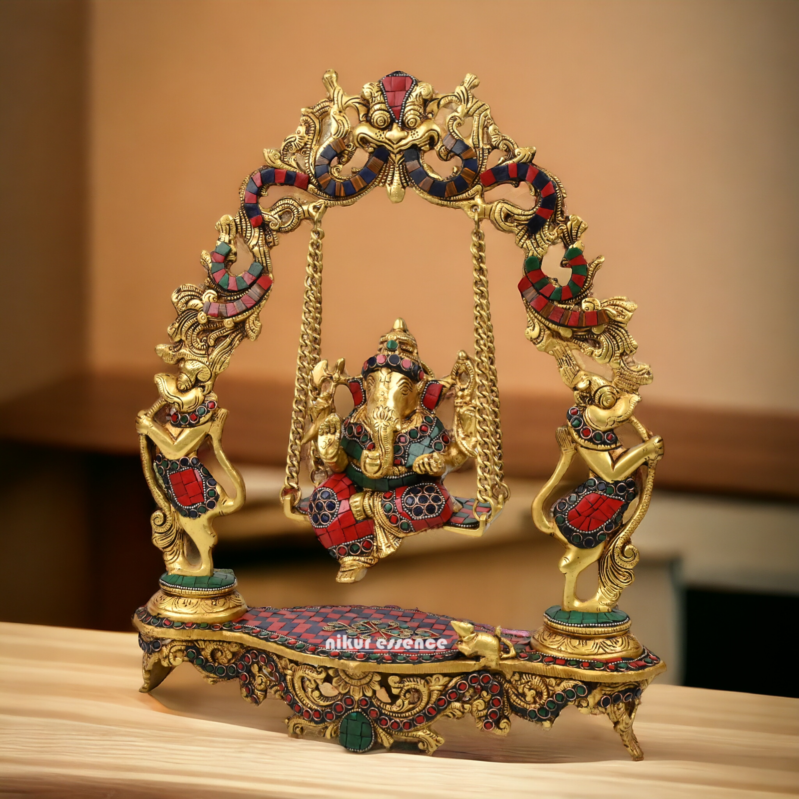 Online Brass ganesh jhula with stone work by Nikur Essence - 45 cm Nikuressence
