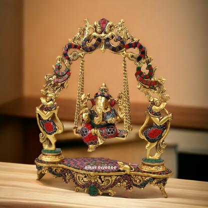 Online Brass ganesh jhula with stone work by Nikur Essence - 45 cm Nikuressence