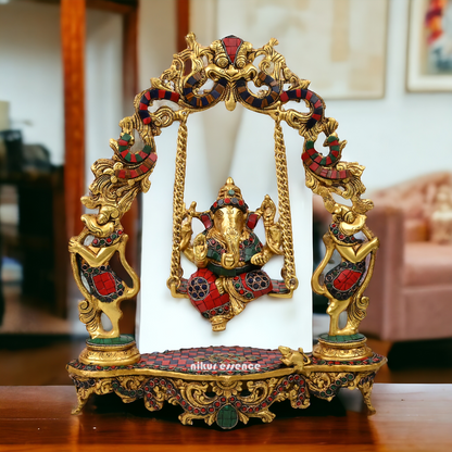 Online Brass ganesh jhula with stone work by Nikur Essence - 45 cm Nikuressence